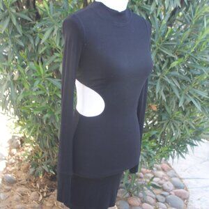White Fox Black Ribbed Bodycon Mini Dress Woman Size XS Mock Neck Long Sleeve